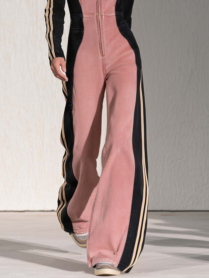 Retro Sporty Pink Color Block Long Sleeve Zip Front Wide Leg Denim Jumpsuit