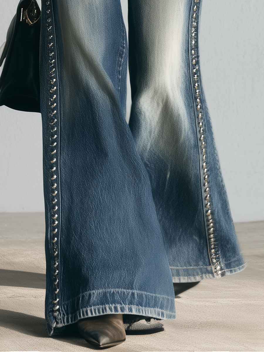 Y2K Rhinestone Studded Trim Flare Jeans