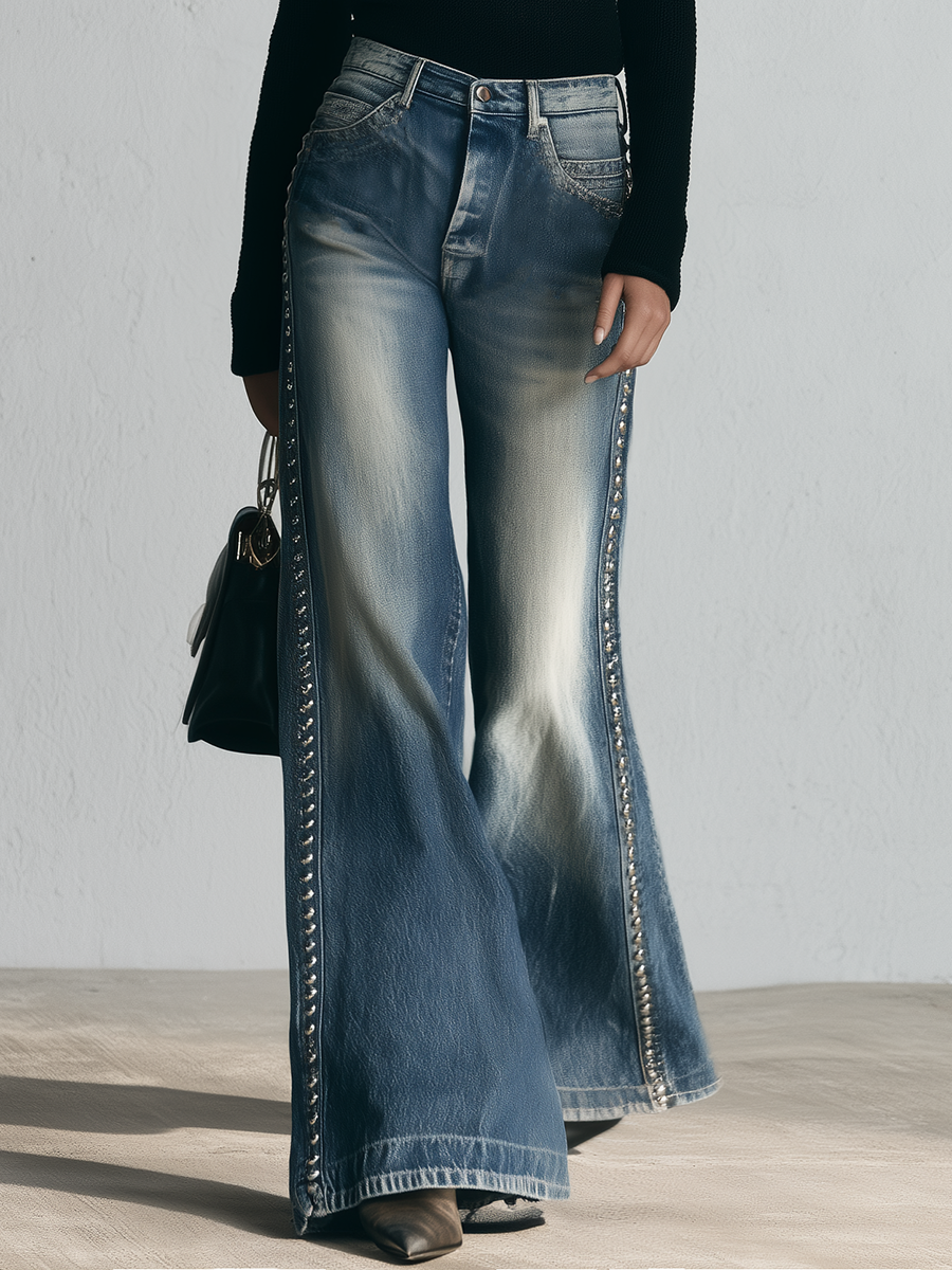 Y2K Rhinestone Studded Trim Flare Jeans