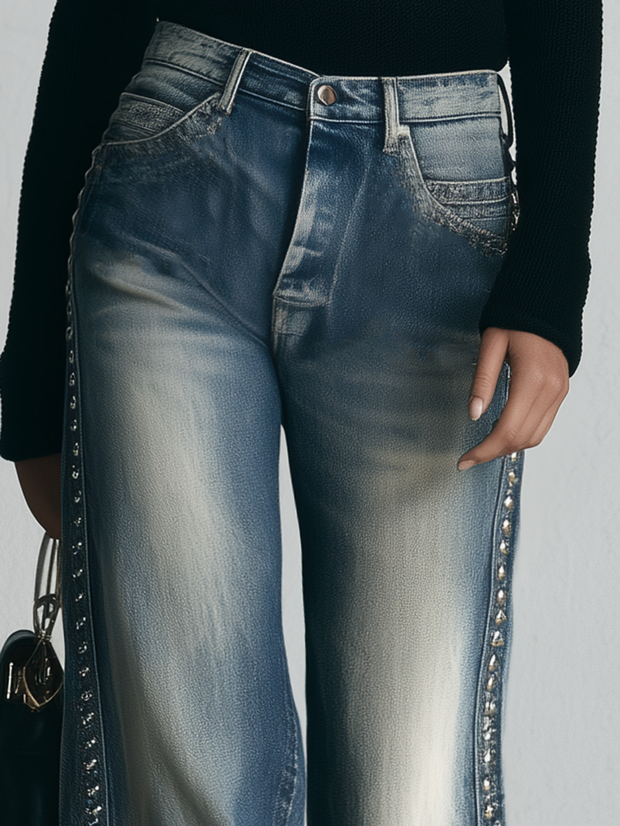 Y2K Rhinestone Studded Trim Flare Jeans