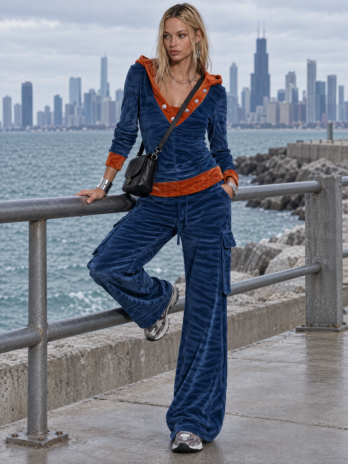 Retro Sporty Zebra Print Velvet Hooded Two Piece Set Women