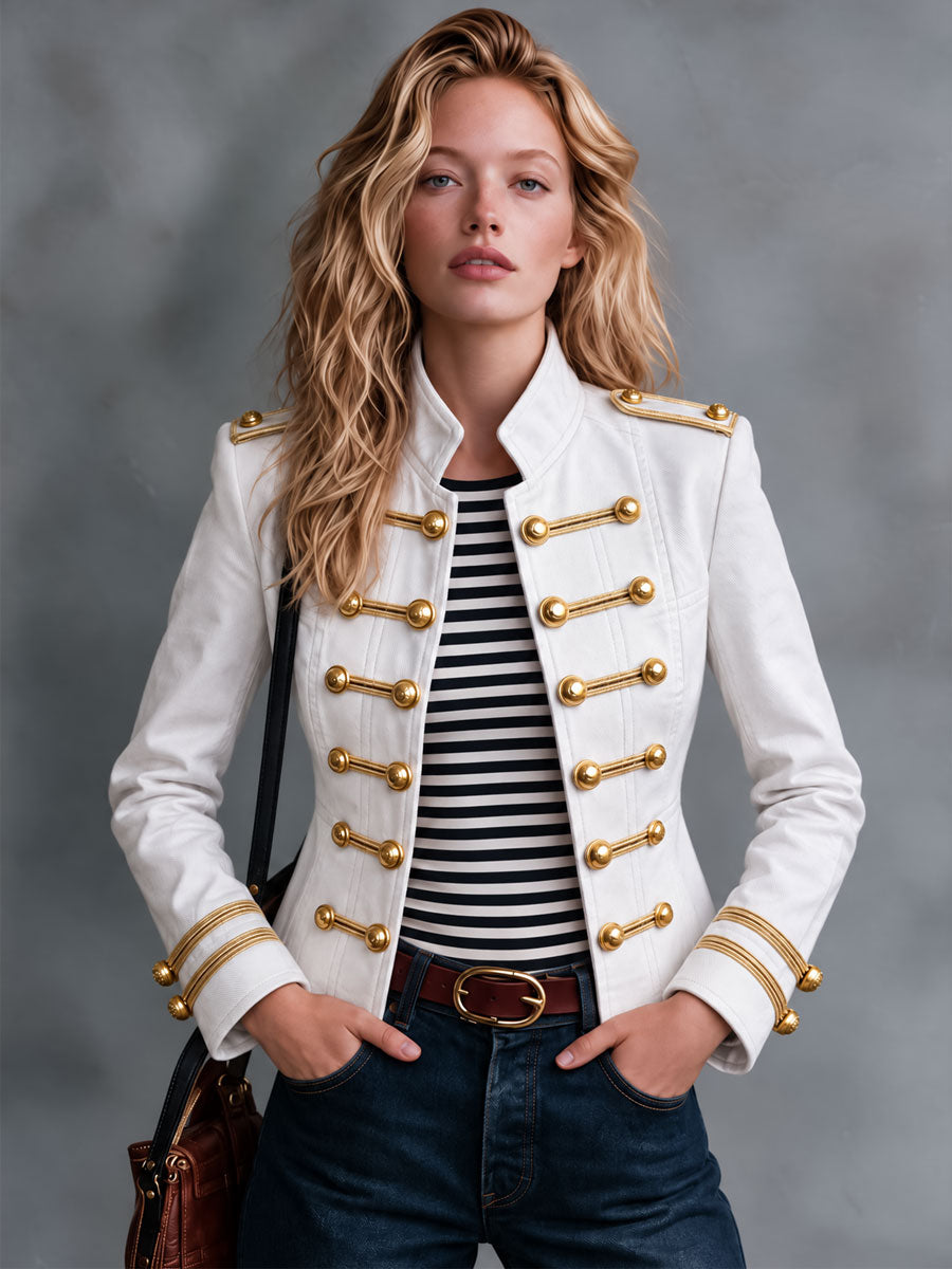 Classic Retro Military Style White Double-breasted Denim Jacket