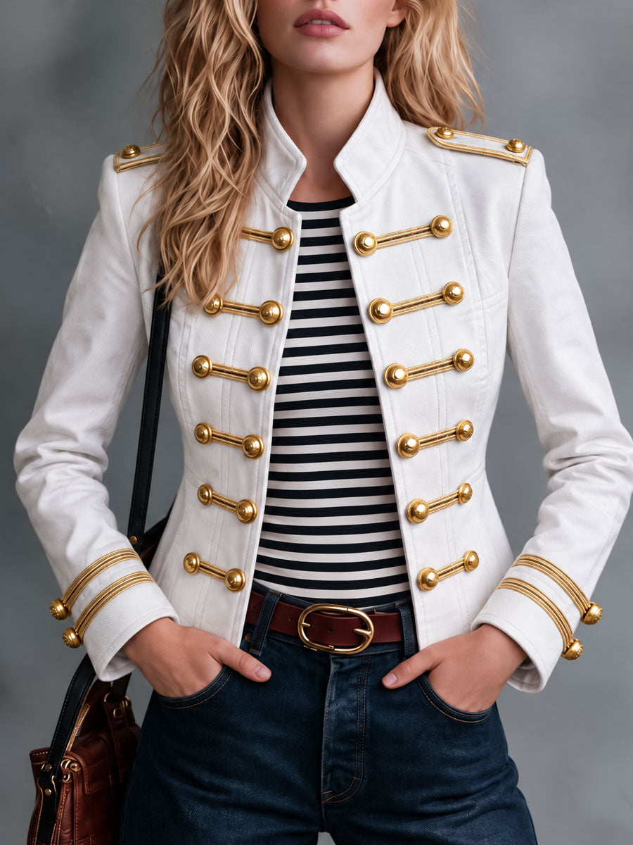 Classic Retro Military Style White Double-breasted Denim Jacket