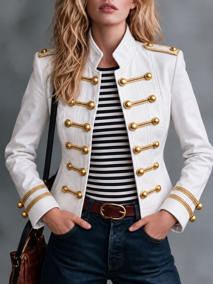 Classic Retro Military Style White Double-breasted Denim Jacket