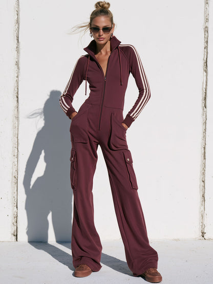 Fashionable Retro Purple-brown Cotton Long-sleeved Jumpsuit