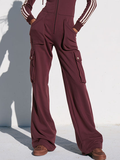Fashionable Retro Purple-brown Cotton Long-sleeved Jumpsuit