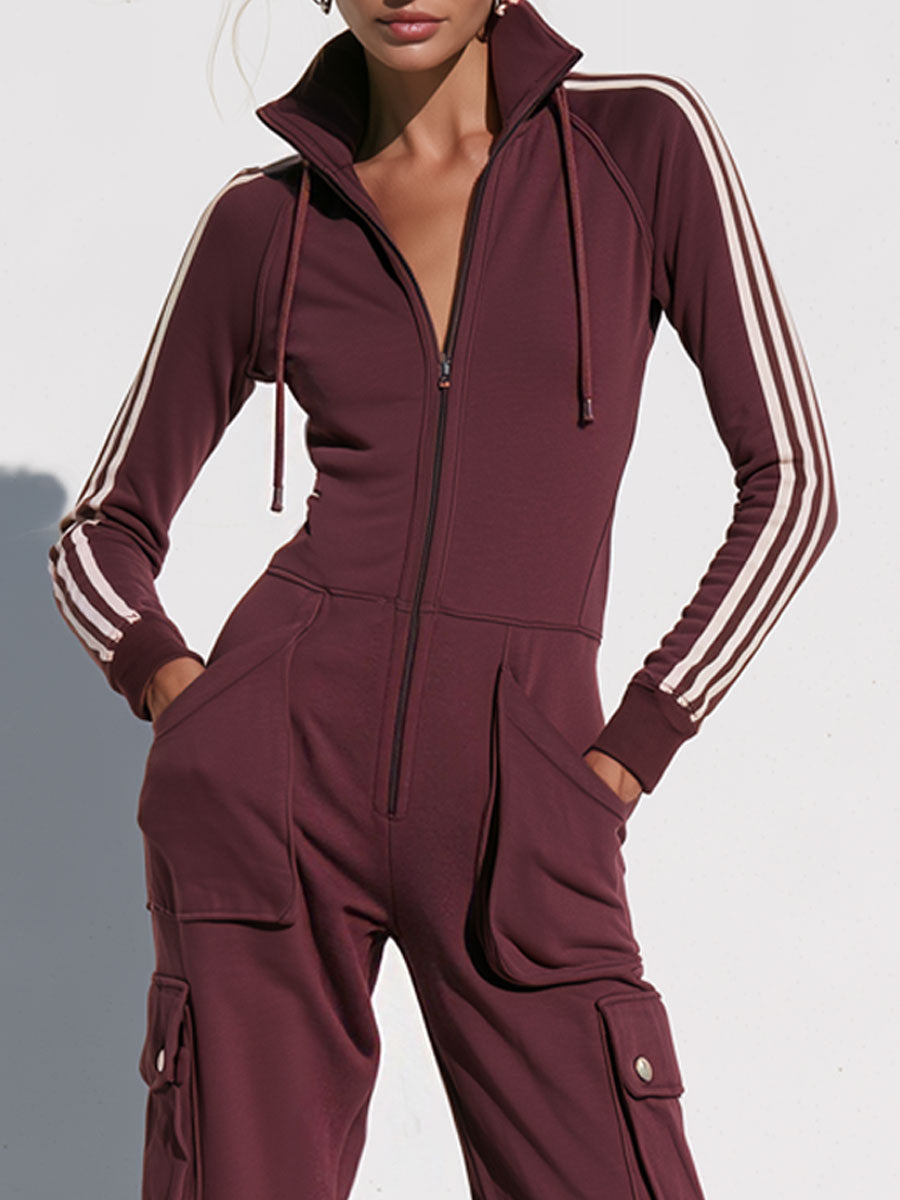 Fashionable Retro Purple-brown Cotton Long-sleeved Jumpsuit