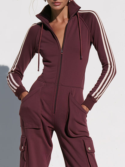 Fashionable Retro Purple-brown Cotton Long-sleeved Jumpsuit
