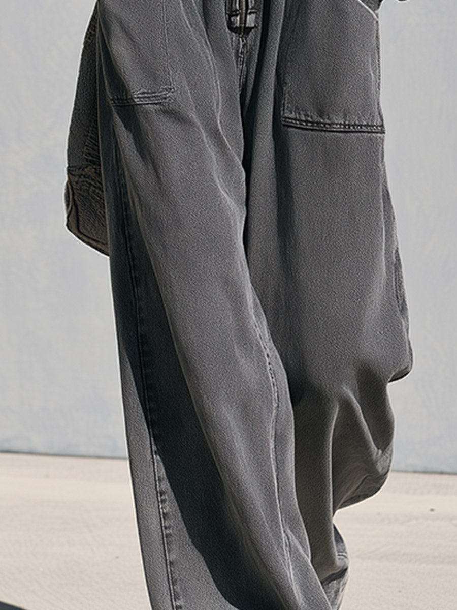 Casual-Chic Grey Denim Front-Zip Hooded Wide-Leg Jumpsuit