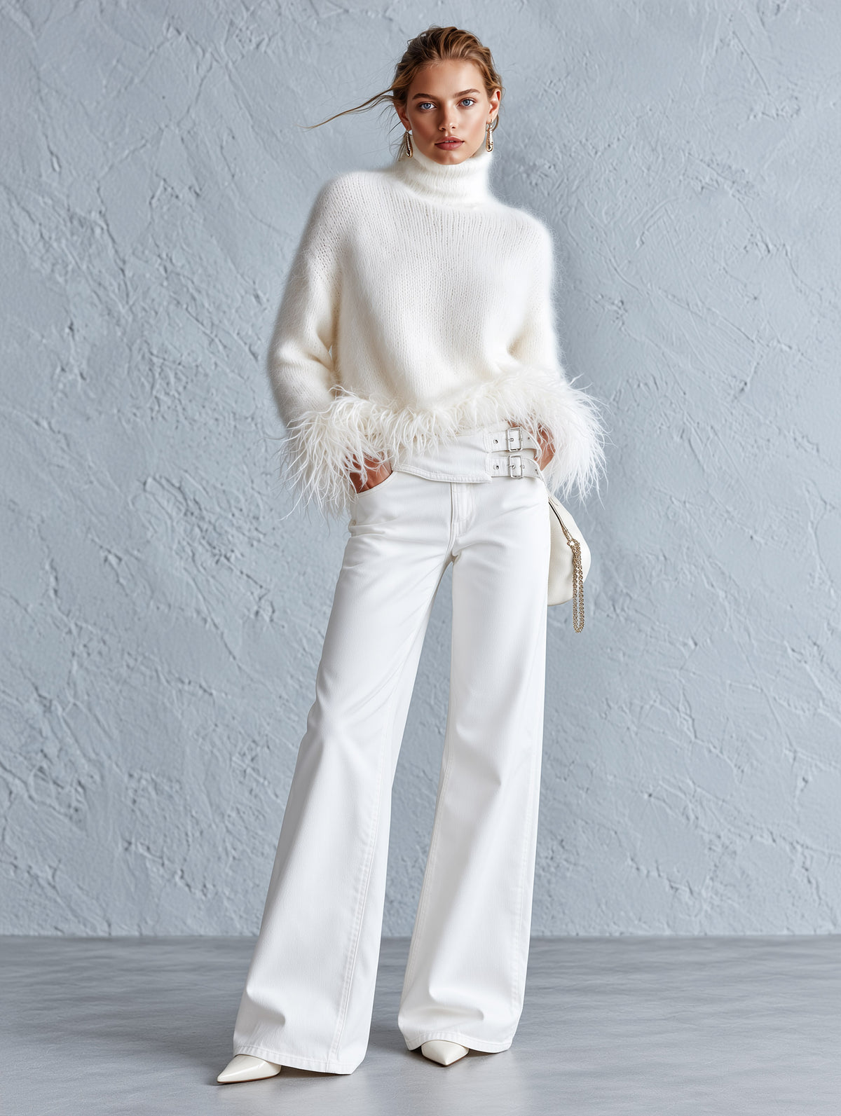 Classic Stylishly Designed Waistband White Wide-leg Jeans