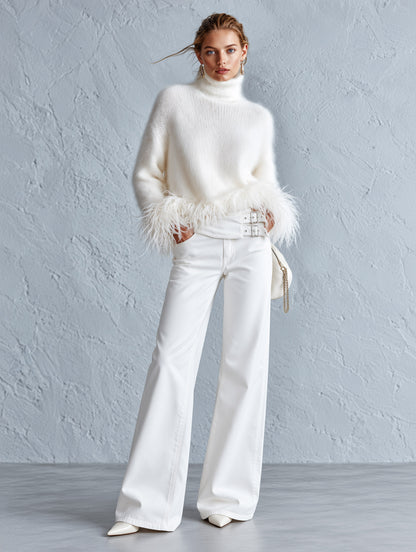 Classic Stylishly Designed Waistband White Wide-leg Jeans