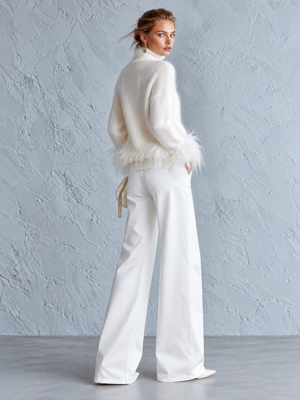 Classic Stylishly Designed Waistband White Wide-leg Jeans