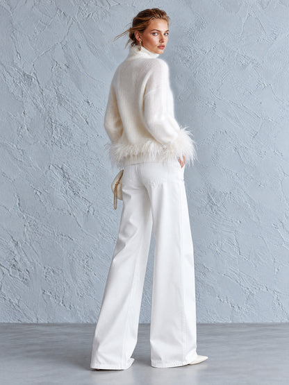 Classic Stylishly Designed Waistband White Wide-leg Jeans