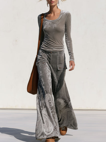 Fashionable Retro Gray Velvet Long-sleeved Top And Paisley Wide-leg Flared Pants Set
