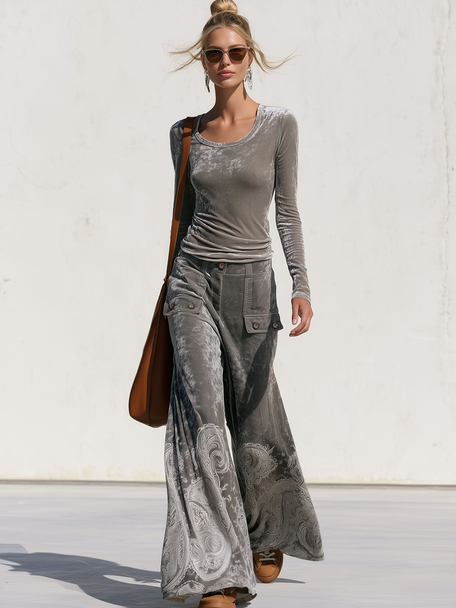 Fashionable Retro Gray Velvet Long-sleeved Top And Paisley Wide-leg Flared Pants Set