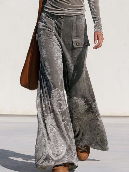 Fashionable Retro Gray Velvet Long-sleeved Top And Paisley Wide-leg Flared Pants Set