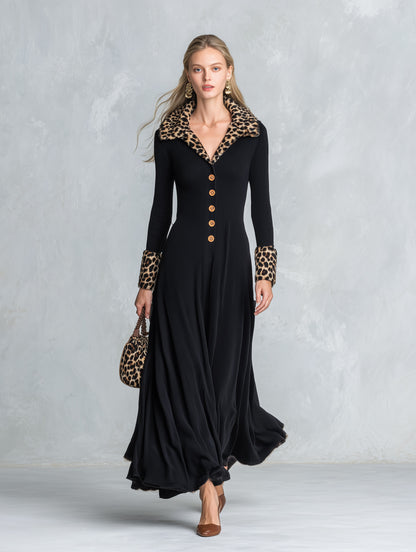 Elegant Leopard-Print Collar Black Ribbed-Knit Maxi Dress
