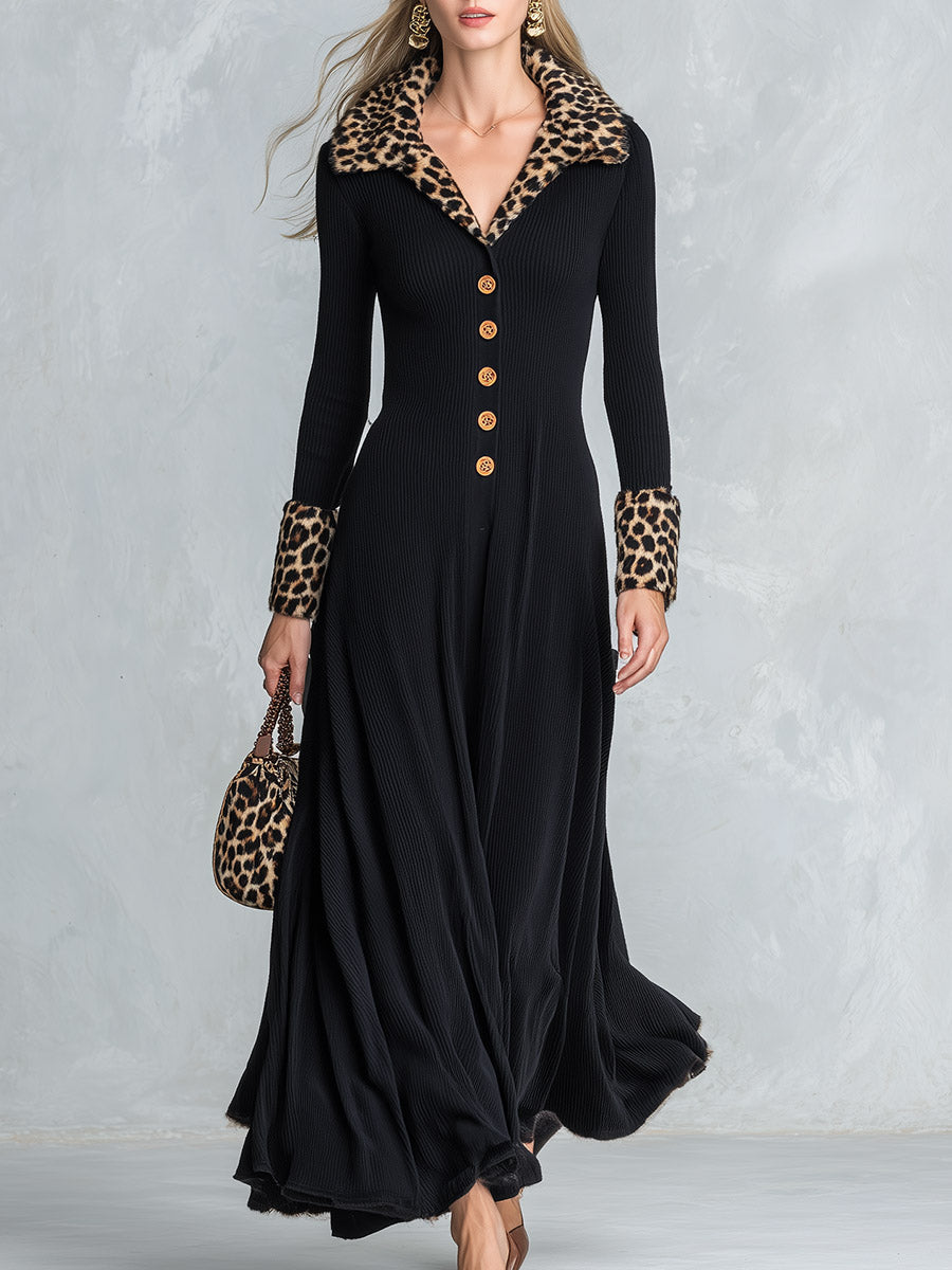 Elegant Leopard-Print Collar Black Ribbed-Knit Maxi Dress
