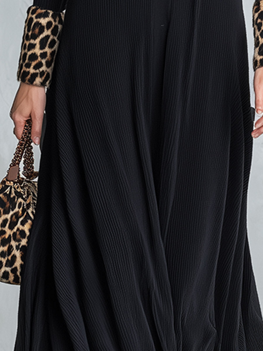 Elegant Leopard-Print Collar Black Ribbed-Knit Maxi Dress