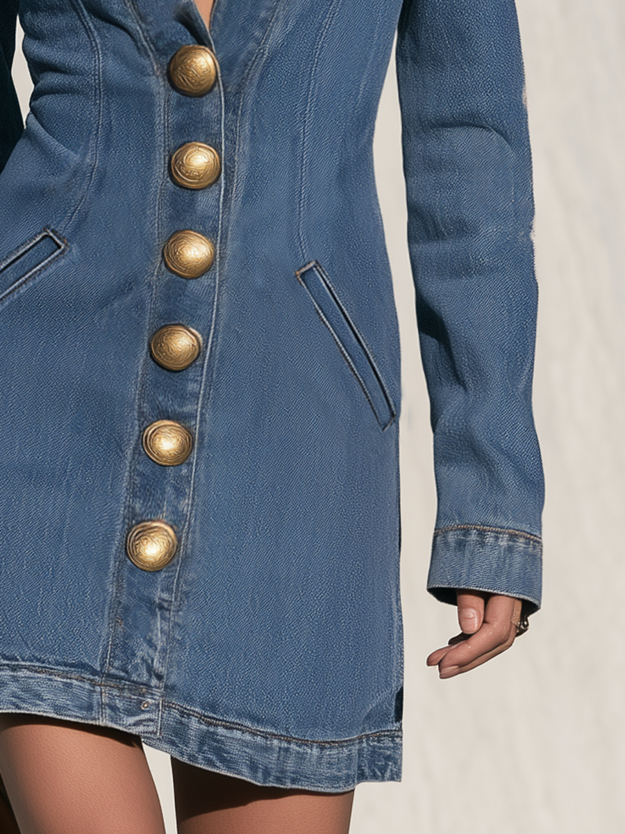 Vintage Military Gold Button Long Sleeve Denim Mini Dress