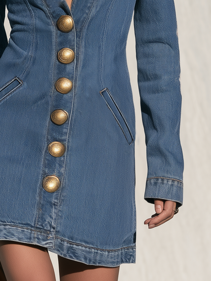 Vintage Military Gold Button Long Sleeve Denim Mini Dress