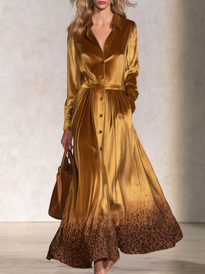 Vintage Gold Velvet Leopard Hem Button-Front Long-Sleeve Shirt Maxi Dress
