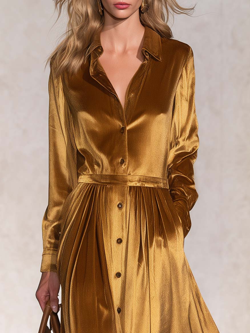 Vintage Gold Velvet Leopard Hem Button-Front Long-Sleeve Shirt Maxi Dress