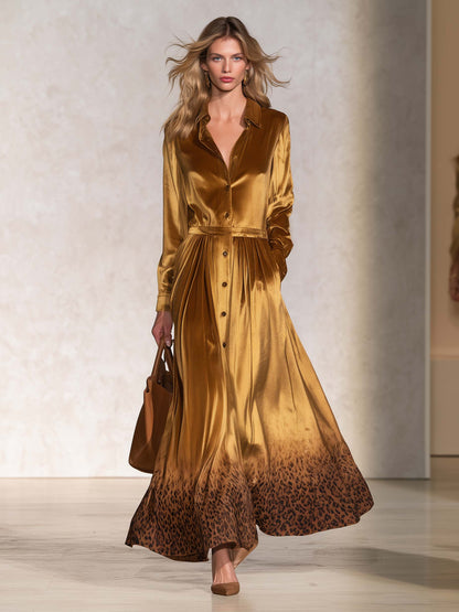 Vintage Gold Velvet Leopard Hem Button-Front Long-Sleeve Shirt Maxi Dress
