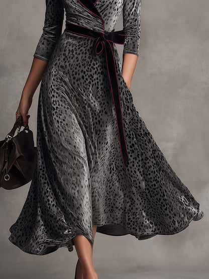 Vintage Gray Leopard Print Velvet Belted Lapel Wrap Midi Dress