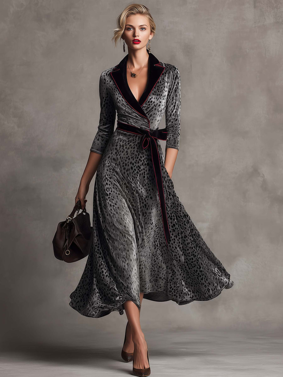 Vintage Gray Leopard Print Velvet Belted Lapel Wrap Midi Dress