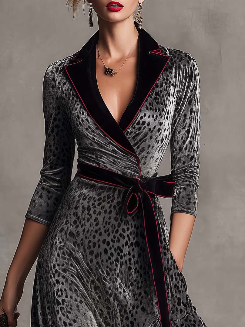 Vintage Gray Leopard Print Velvet Belted Lapel Wrap Midi Dress