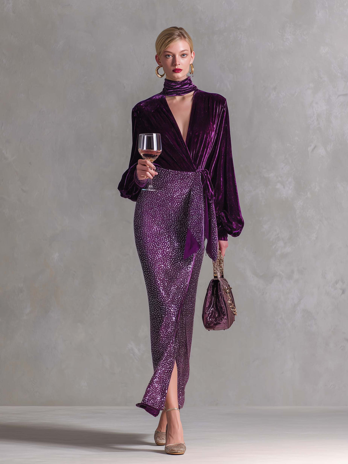 Elegant Plum Velvet Wrap Top Sequin Maxi Skirt Two Piece Set
