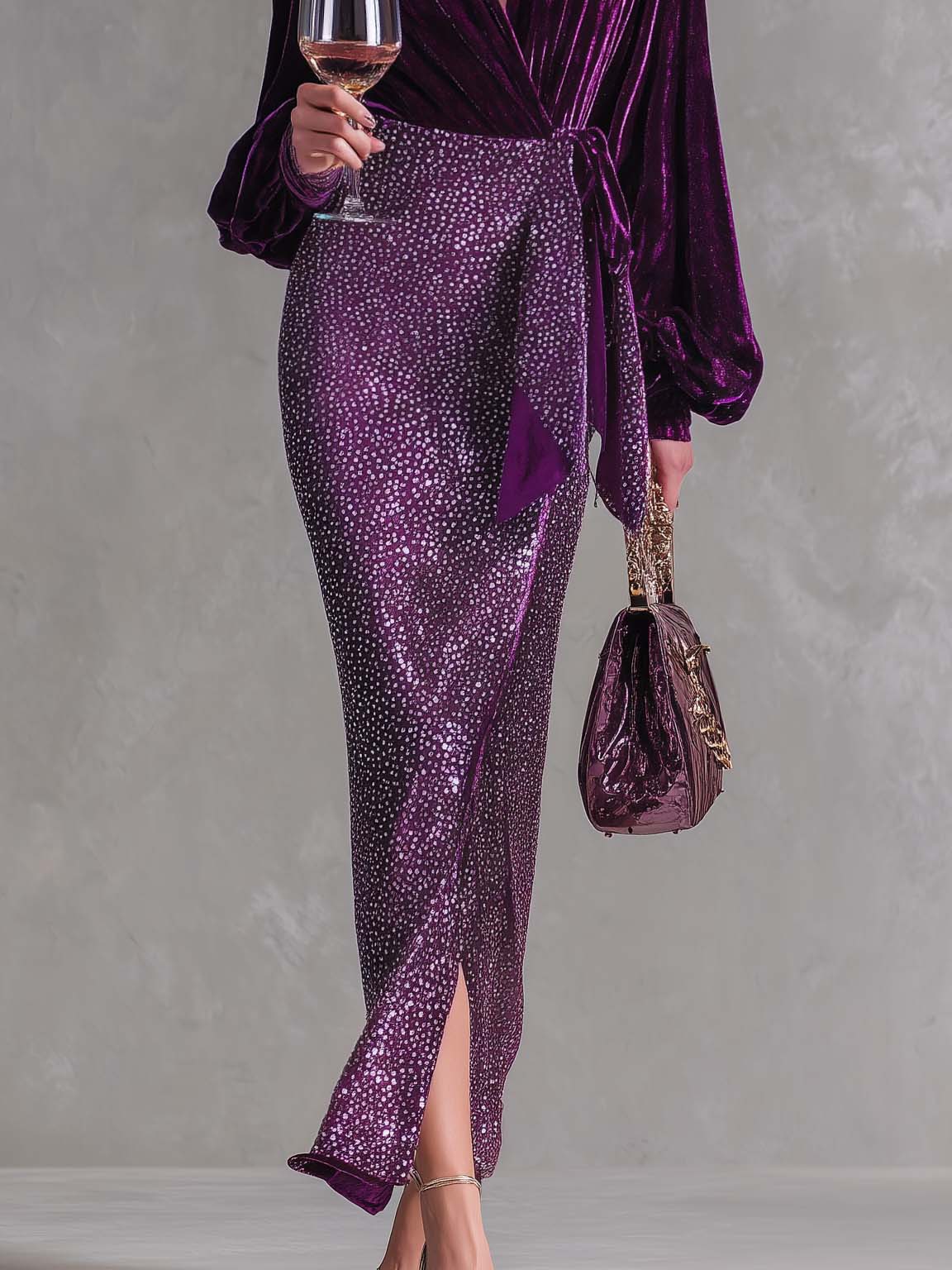 Elegant Plum Velvet Wrap Top Sequin Maxi Skirt Two Piece Set