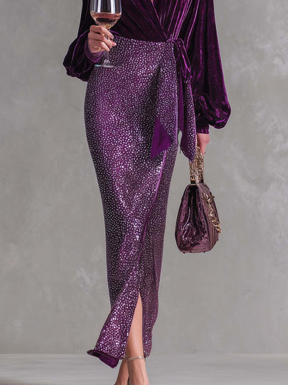 Elegant Plum Velvet Wrap Top Sequin Maxi Skirt Two Piece Set
