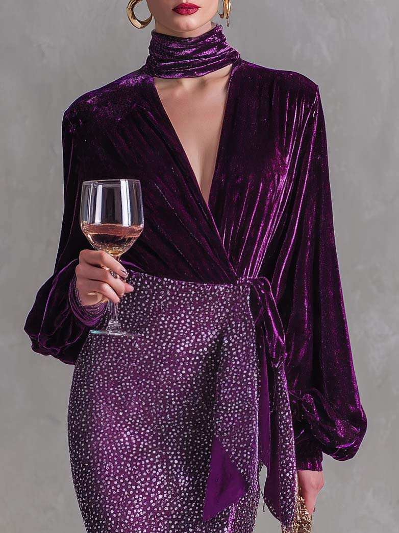 Elegant Plum Velvet Wrap Top Sequin Maxi Skirt Two Piece Set