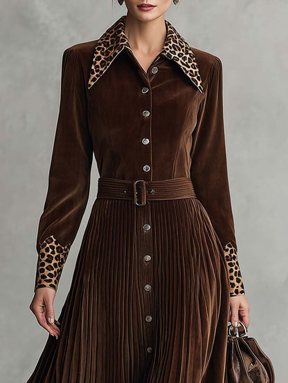 Vintage Leopard Collar Brown Faux Suede Pleated Belted Long Sleeve Midi Shirt Dress