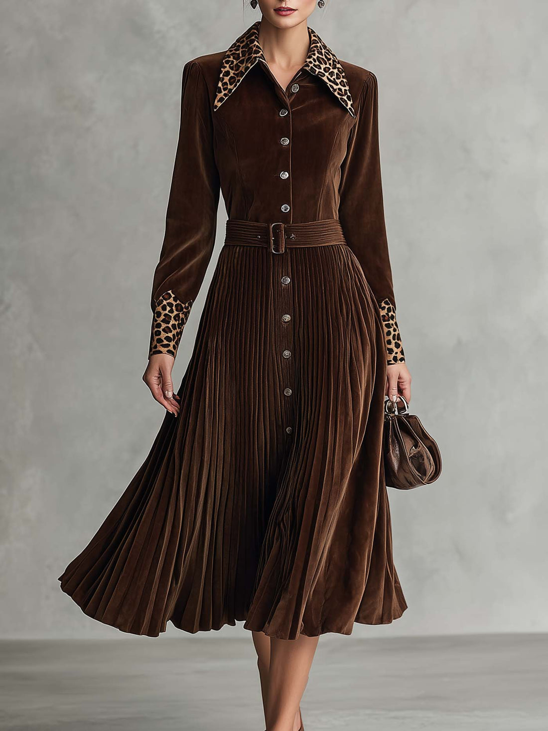 Vintage Leopard Collar Brown Faux Suede Pleated Belted Long Sleeve Midi Shirt Dress