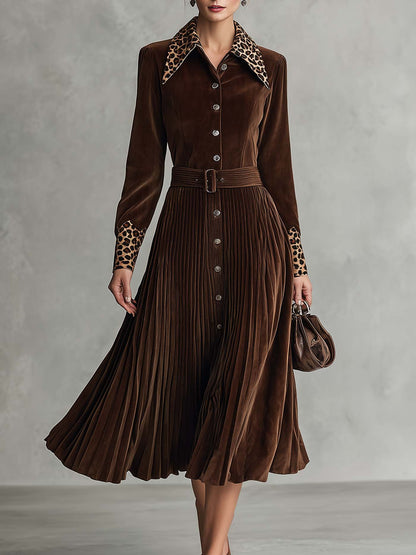 Vintage Leopard Collar Brown Faux Suede Pleated Belted Long Sleeve Midi Shirt Dress