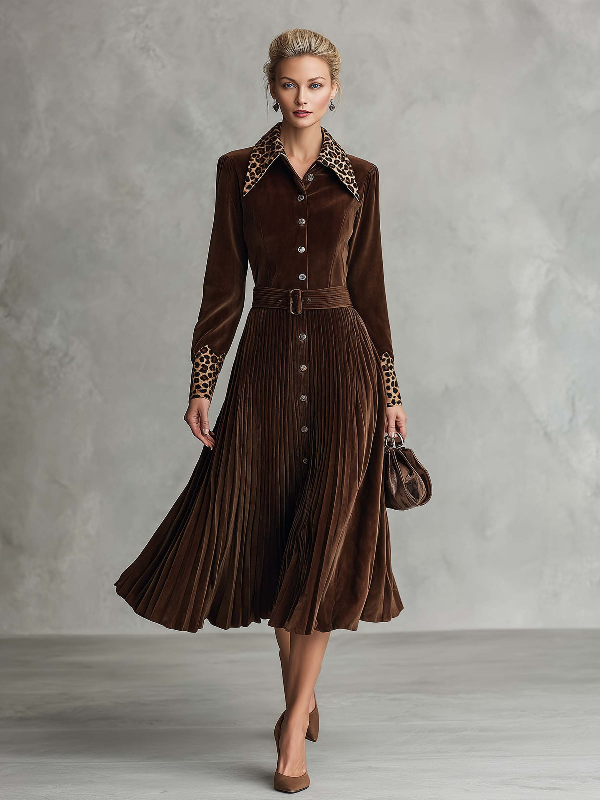 Vintage Leopard Collar Brown Faux Suede Pleated Belted Long Sleeve Midi Shirt Dress