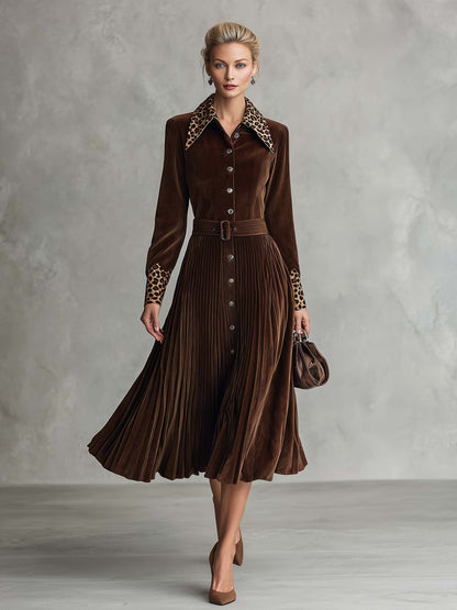 Vintage Leopard Collar Brown Faux Suede Pleated Belted Long Sleeve Midi Shirt Dress