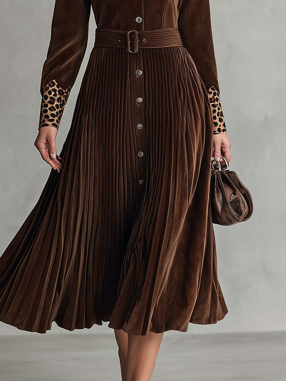 Vintage Leopard Collar Brown Faux Suede Pleated Belted Long Sleeve Midi Shirt Dress