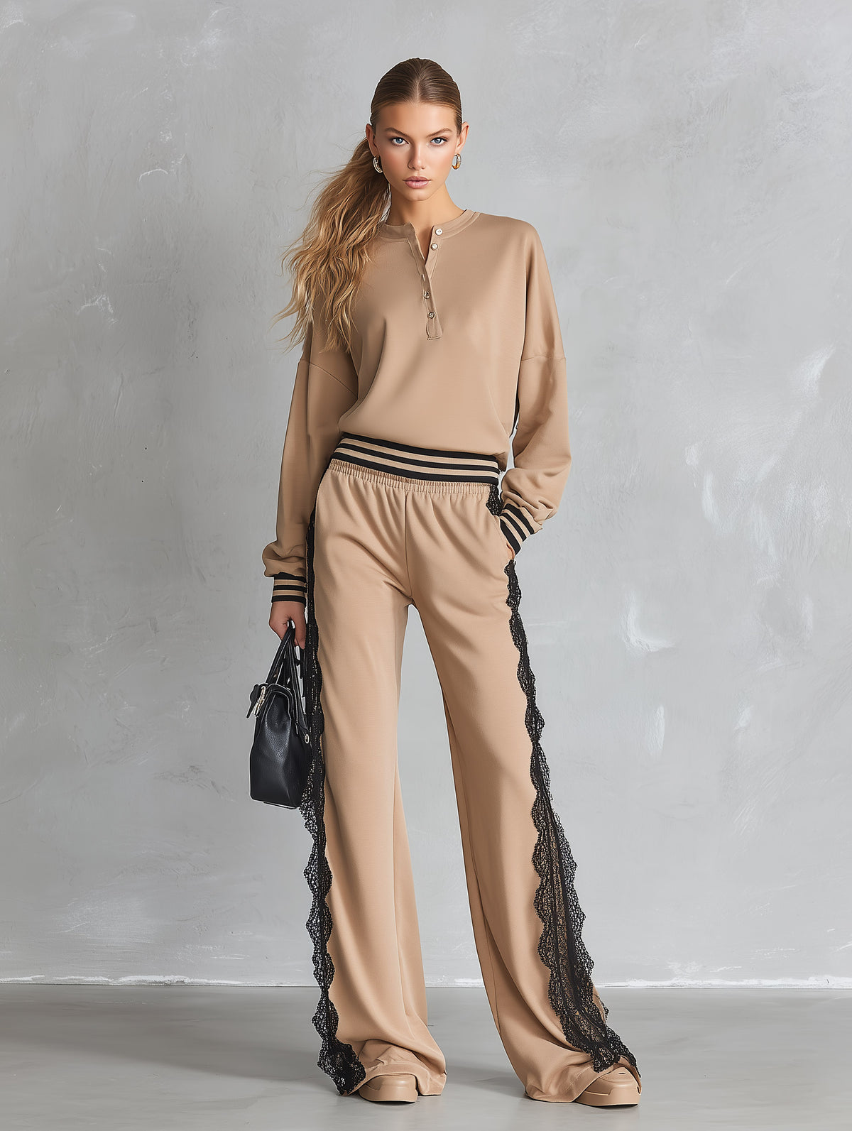 Casual Striped-Trim Lace-Detail Beige Sweatshirt and Sweatpants Loungewear Set