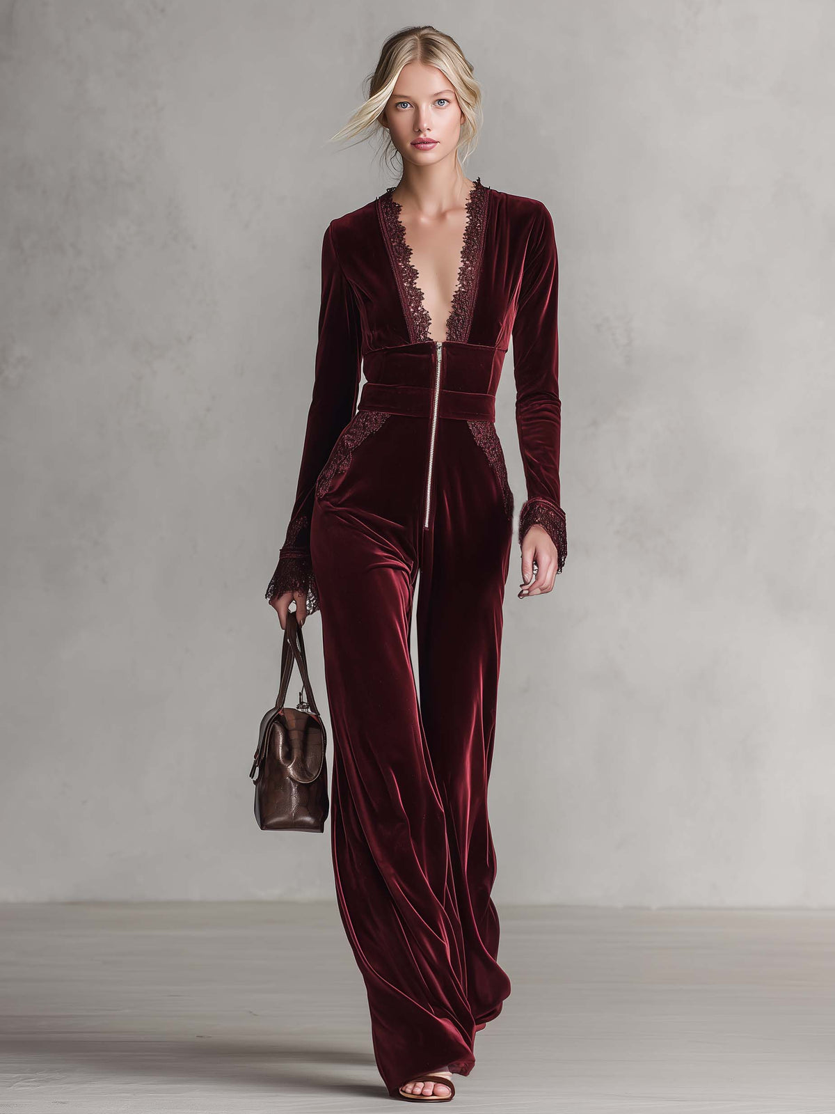 Elegant Burgundy Velvet Long Sleeve Lace Trim V Neck Wide Leg Women Jumpsuit