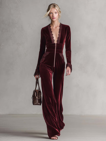 Elegant Burgundy Velvet Long Sleeve Lace Trim V Neck Wide Leg Women Jumpsuit
