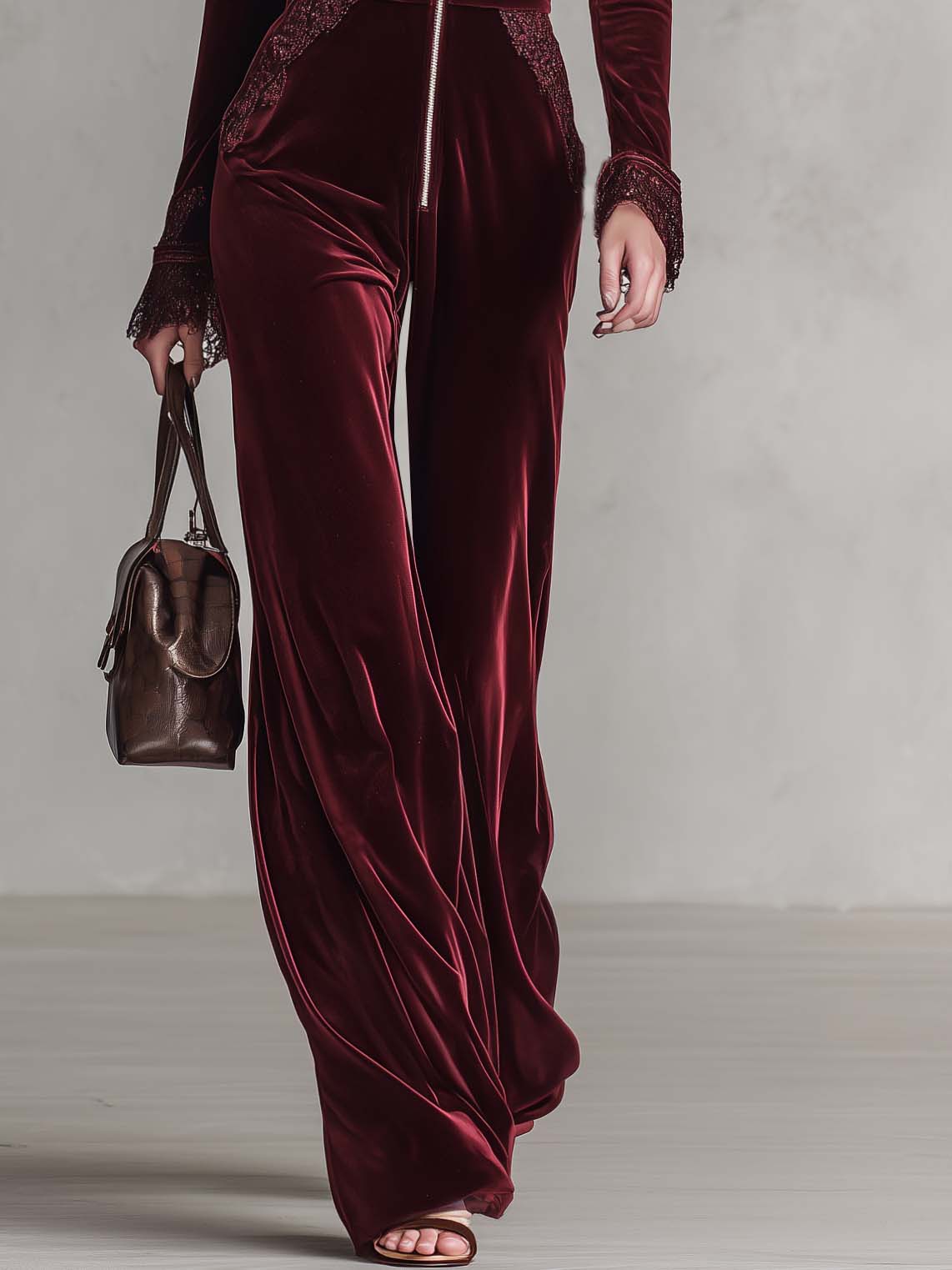 Elegant Burgundy Velvet Long Sleeve Lace Trim V Neck Wide Leg Women Jumpsuit