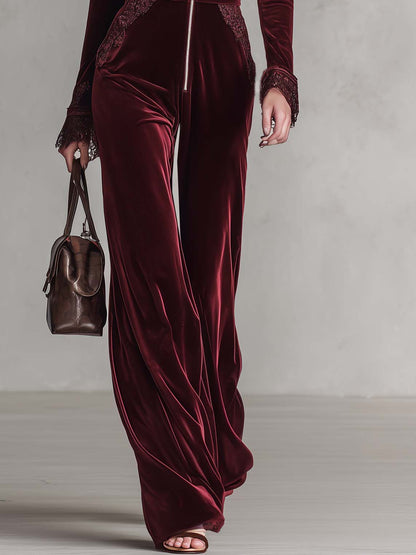 Elegant Burgundy Velvet Long Sleeve Lace Trim V Neck Wide Leg Women Jumpsuit