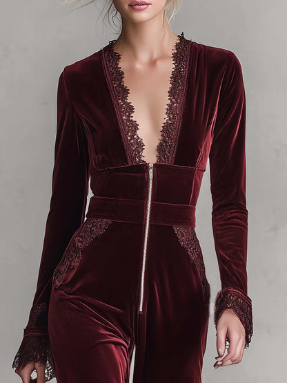Elegant Burgundy Velvet Long Sleeve Lace Trim V Neck Wide Leg Women Jumpsuit
