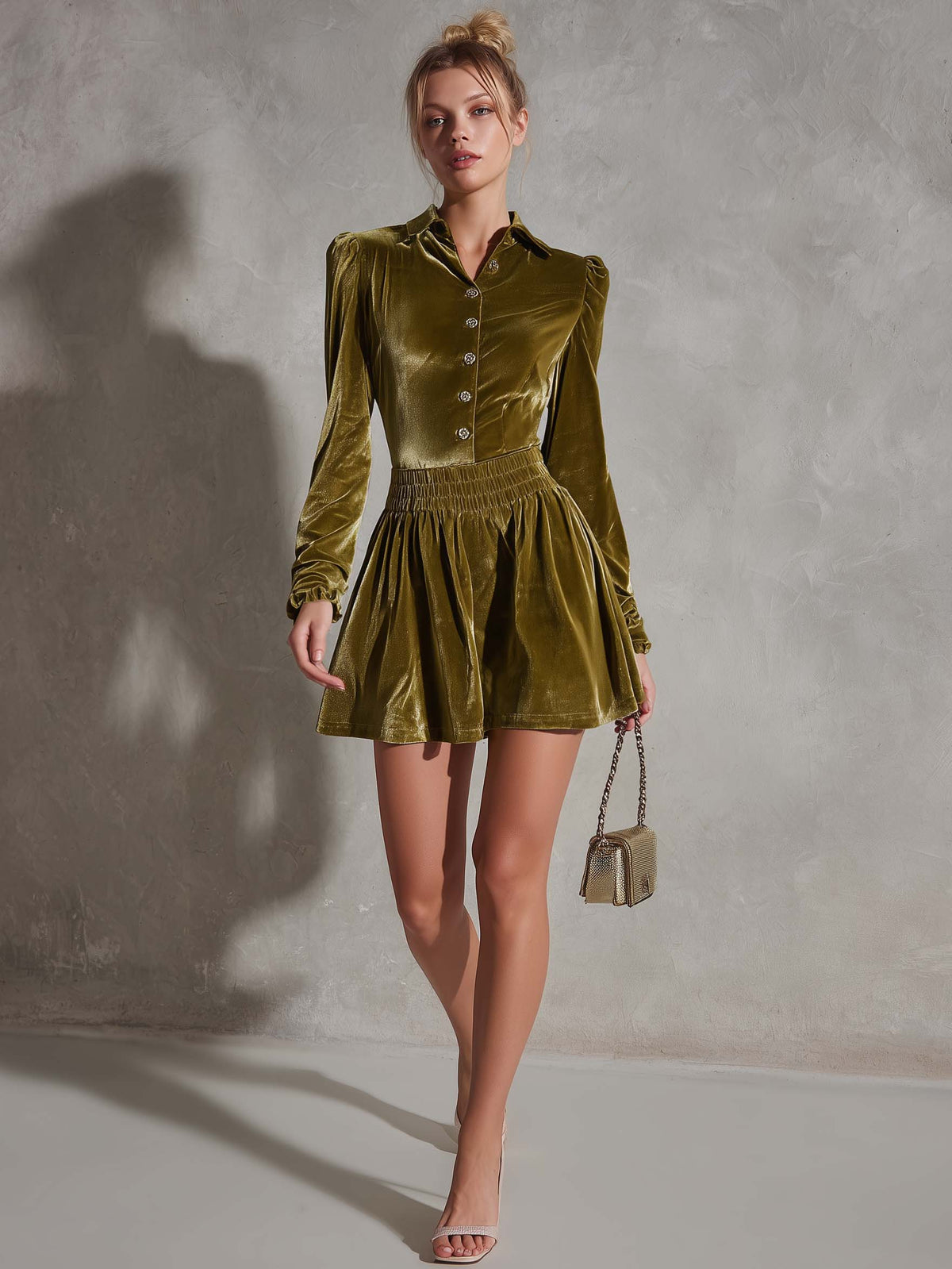 Vintage Olive Green Velvet Long Sleeve Collared Puff Shoulder Smocked Waist Mini Dress