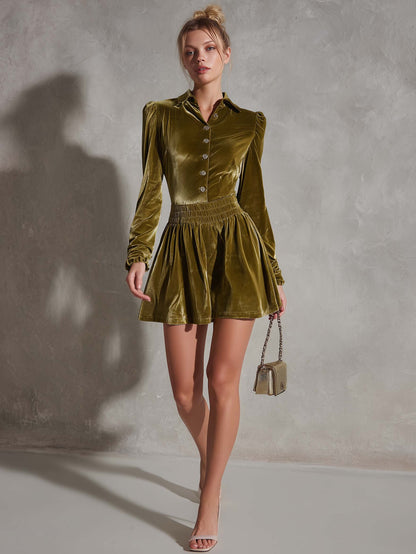 Vintage Olive Green Velvet Long Sleeve Collared Puff Shoulder Smocked Waist Mini Dress