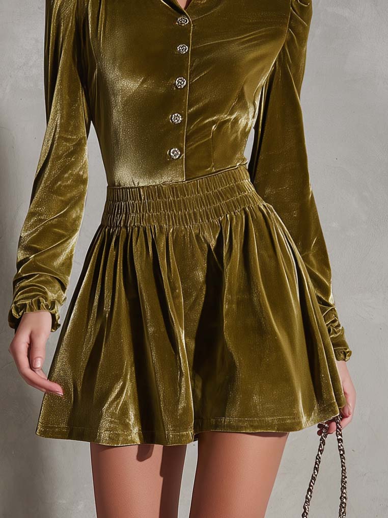 Vintage Olive Green Velvet Long Sleeve Collared Puff Shoulder Smocked Waist Mini Dress